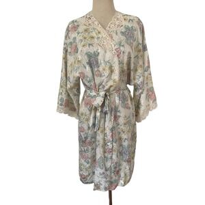 Vtg 80s California Dynasty Floral Robe Lace Trim Pastel Kimono Wrap Belt M‎